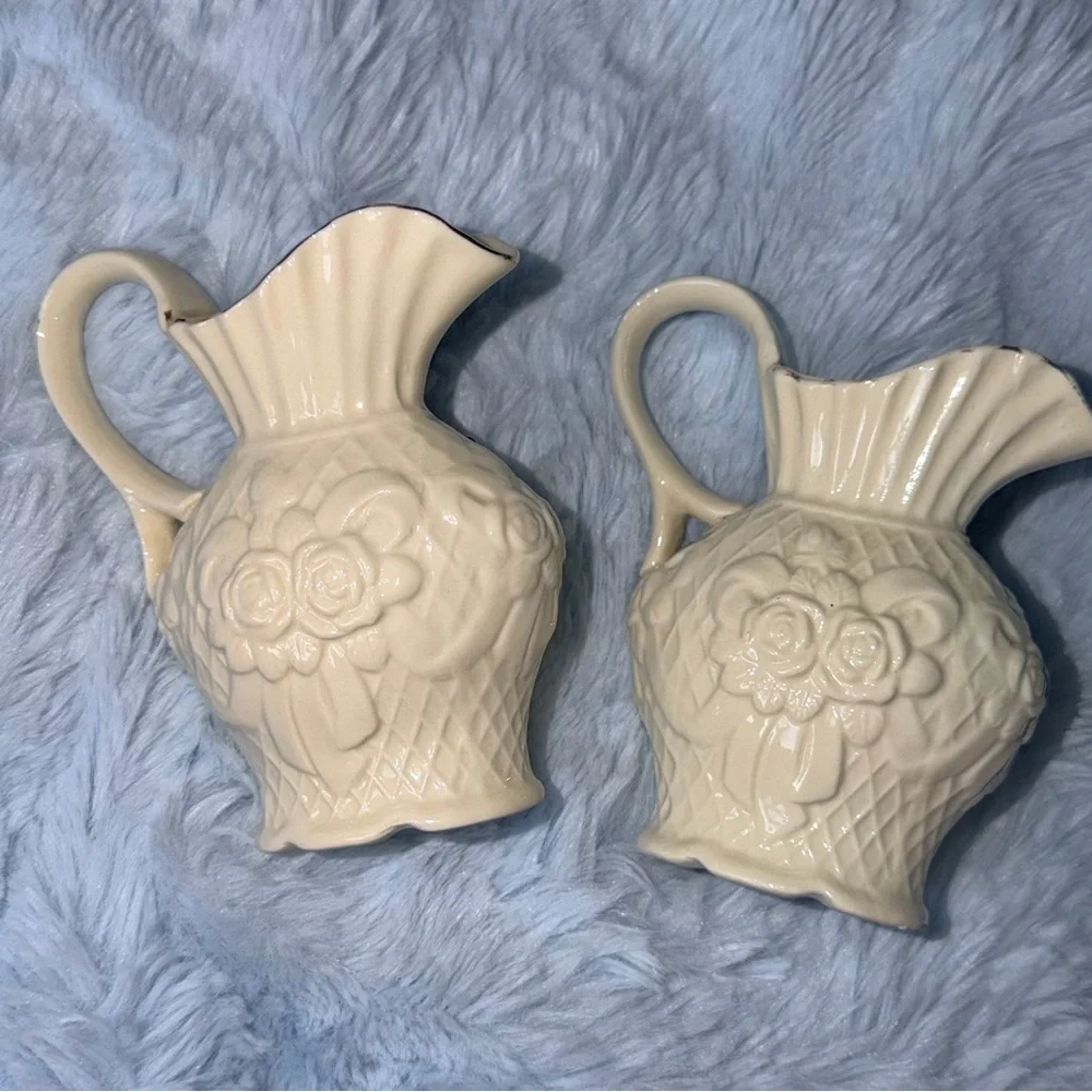 Vintage Porcelain Pink Rose Pitcher Vases Lattice Pattern Gold Trim Collectible